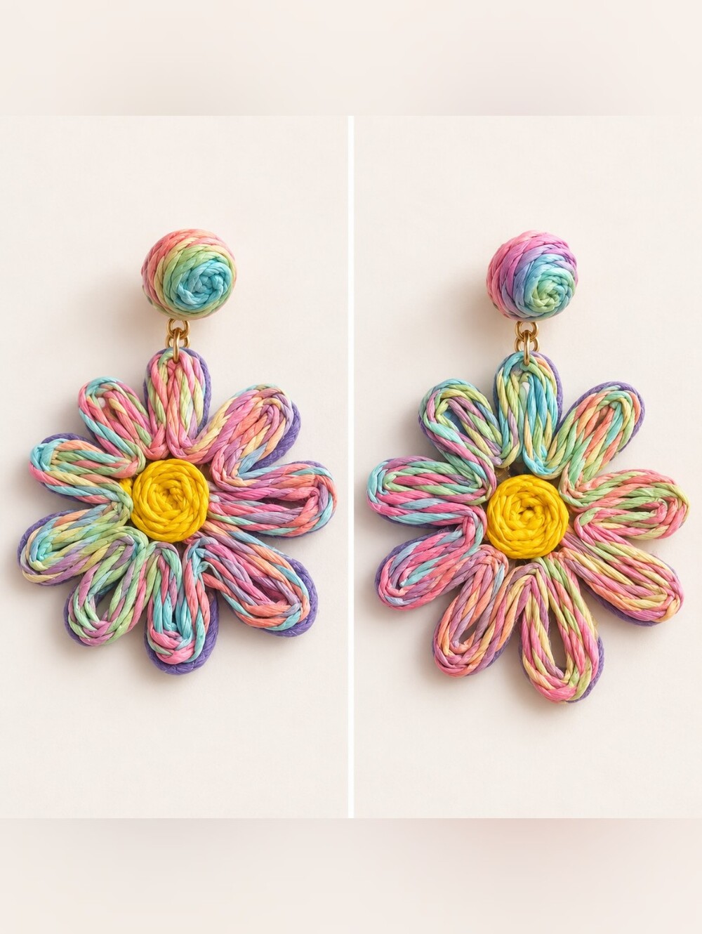 Multicolor Pastel String Flower Drop Dangle Earrings - Yellow Center New